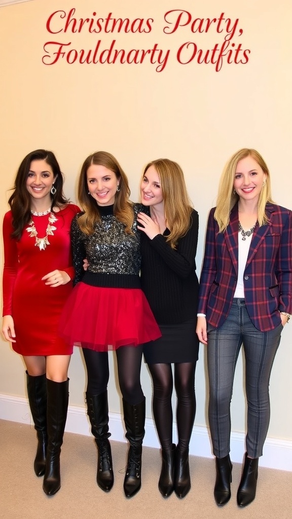 Stylish Christmas Party Outfits with Boots A collection of Christmas party outfits with boots, including dresses, skirts, and tailored trousers.